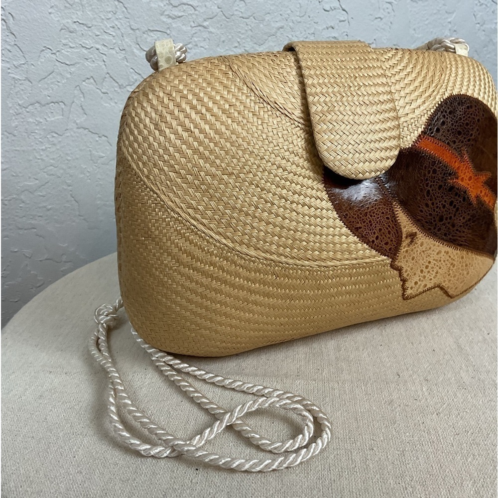 Women’s Vintage Straw Clam Shell Purse Lady Profile Decoration Cord Strap - Picture 6 of 12